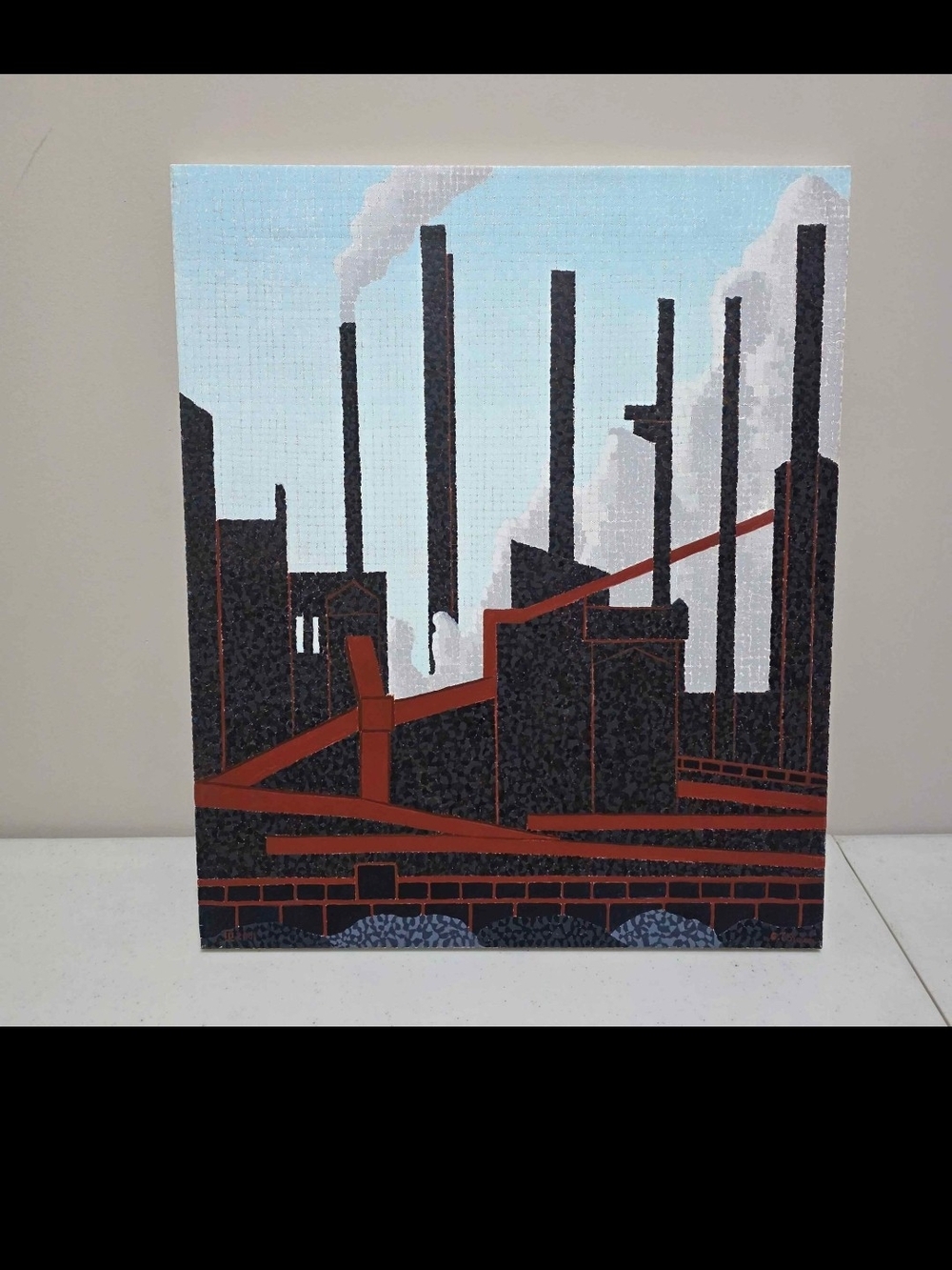 OOAK Industrial Skyline Canvas Wall Art in Black and Rust Red 16" X 20"